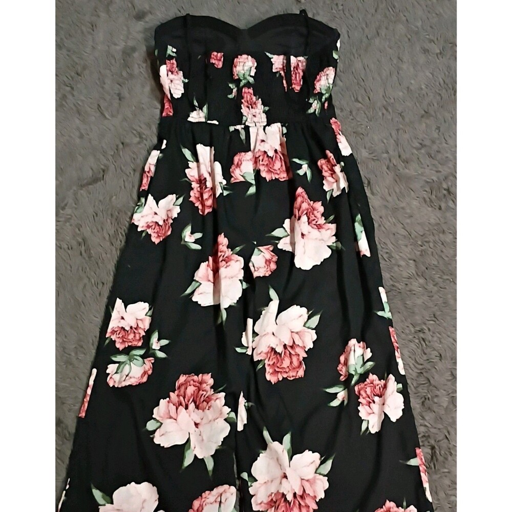 Black Floral Wide-Leg Jumpsuit Spaghetti Adjustable Straps Sweetheart Sz S